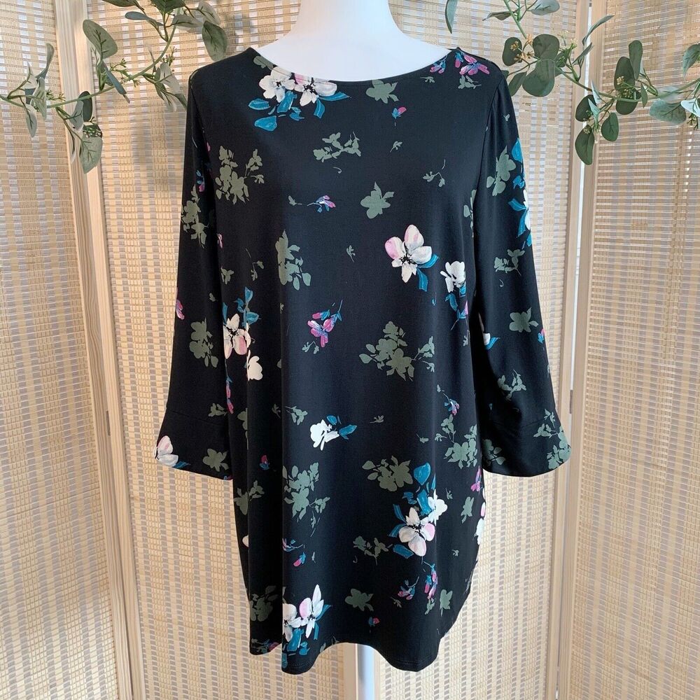 J. Jill Black Floral Tunic Top Blouse Size Large Blue White Pink Green Print